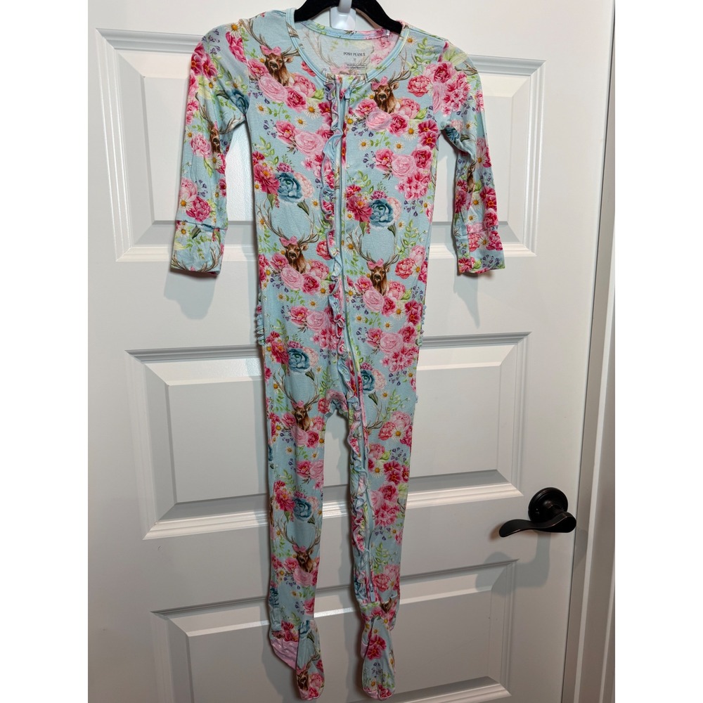 Posh Peanut 3T Blue Floral Deer Ruffle Bamboo Viscose Footed Pajamas Sleeper